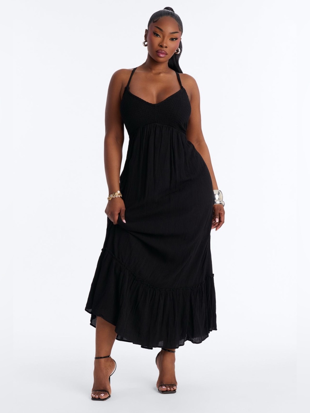 Fashion Nova “Raina” smocked linen maxi dress